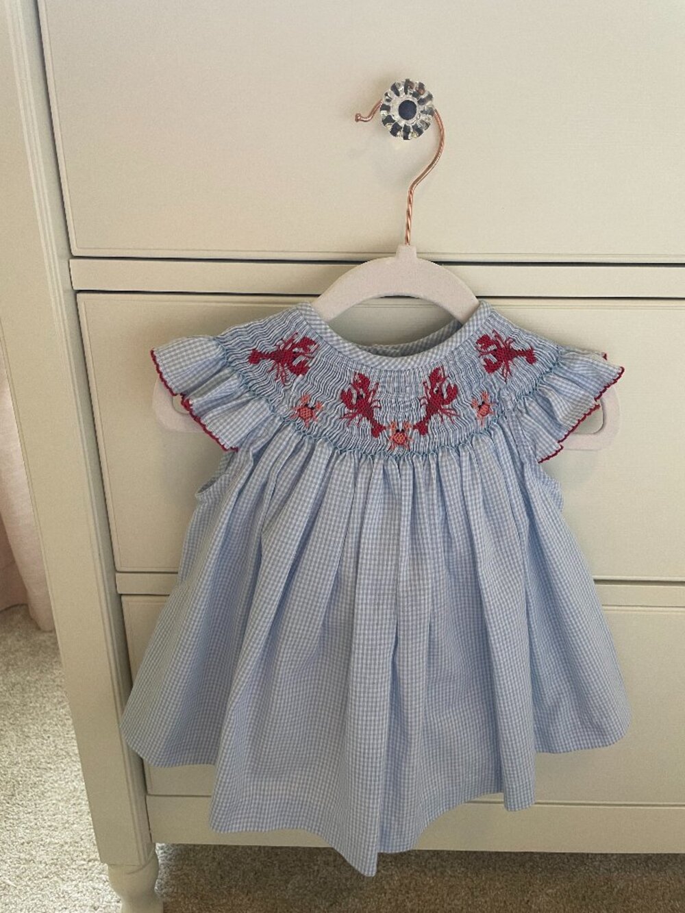 Lulu Bebe Baby Girl Smocked Red Crawfish and Crabs Beach Blue Set Size 12M